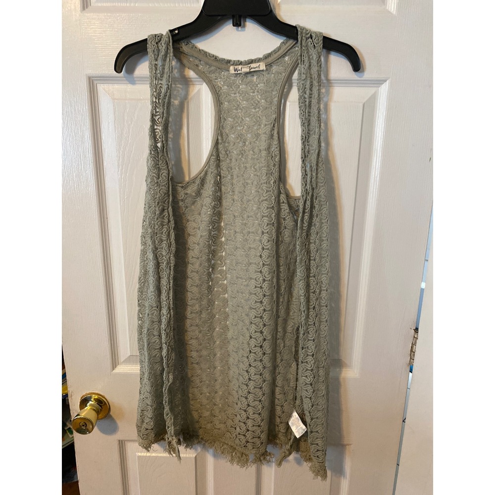 Wallflower Womens Sage Green Lace Racerback Open Front Vest Large Boho Layering